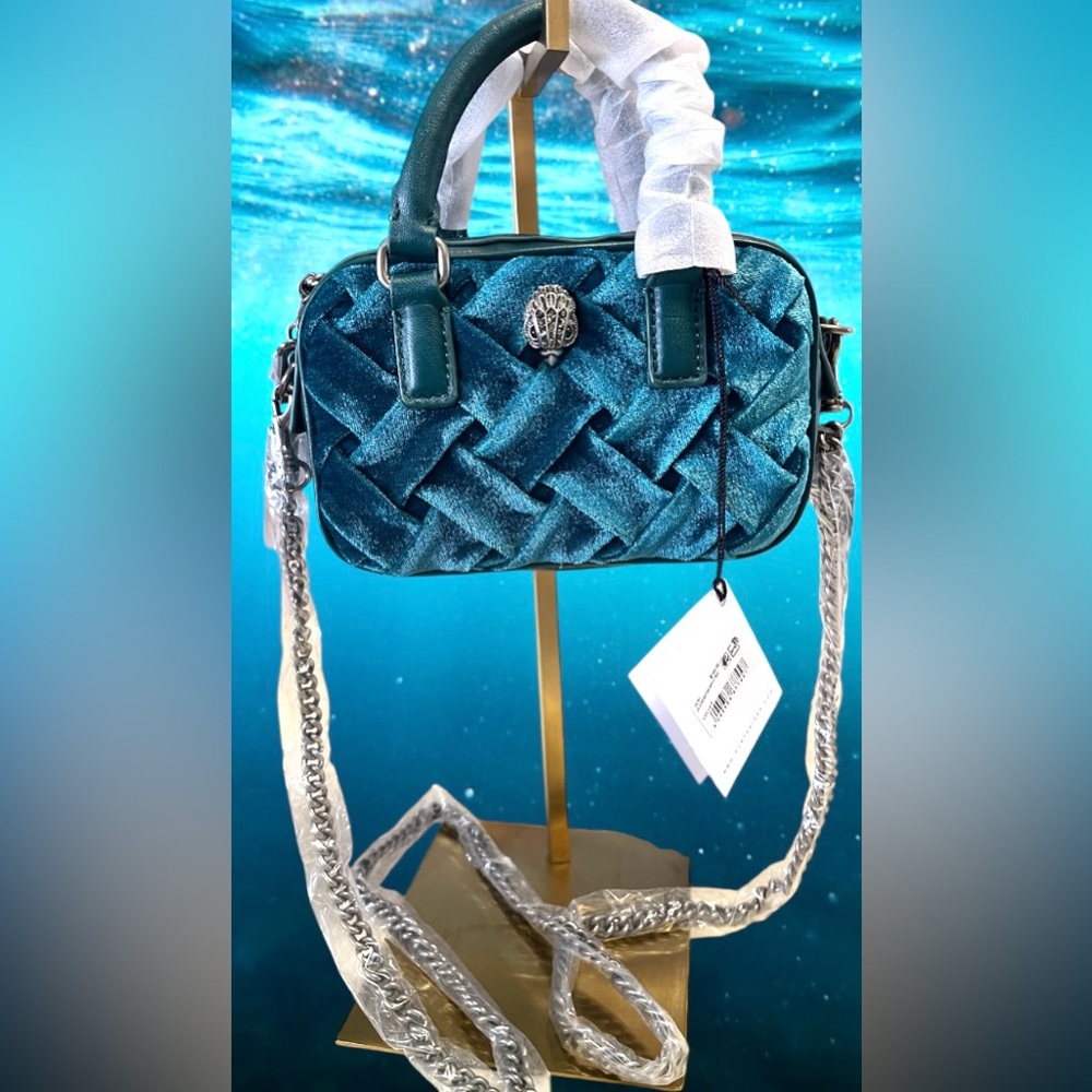 Elegant Kurt Geiger NWT Teal Velvet Crossbody Bag Vegan leather trim & Dust Bag